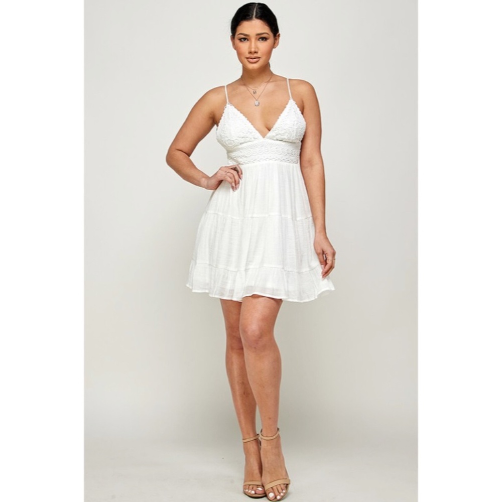 SOLD OUT White Eyelet Embroidered Back Knot Sleeveless V-Neck Mini Dress Summer - Picture 2 of 7